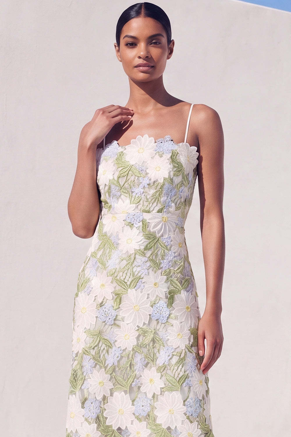 Green Floral Sheath Appliqued Midi Wedding Guest Dress