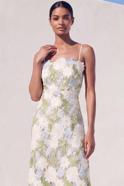 Green Floral Sheath Appliqued Midi Wedding Guest Dress