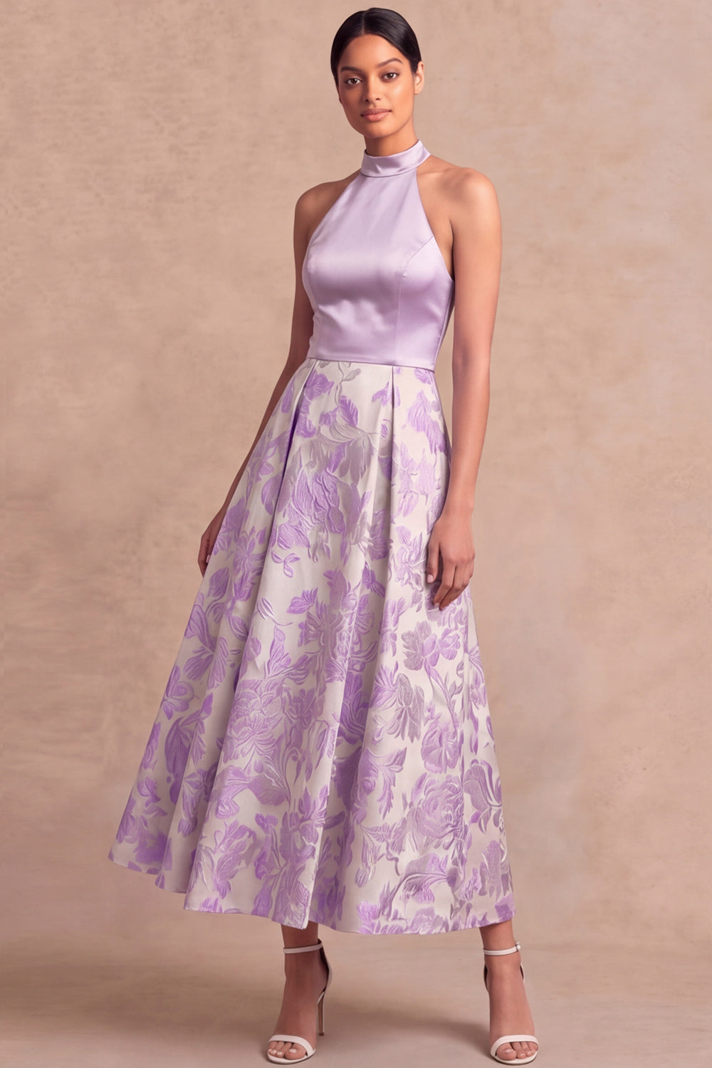 Lilac Jacquard A Line Halter Backless Long Wedding Guest Dress