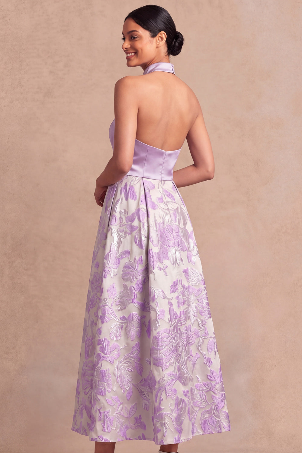 Lilac Jacquard A Line Halter Backless Long Wedding Guest Dress
