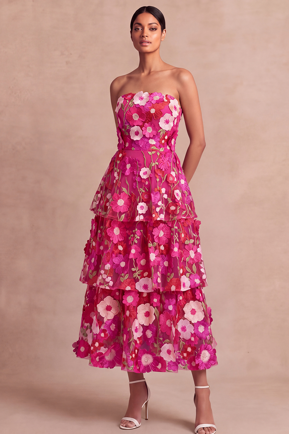 Leely Women Fuchsia Floral Appliqued Maxi Fall Wedding Guest Dress A Line Tiered Strapless Garden Party Dress