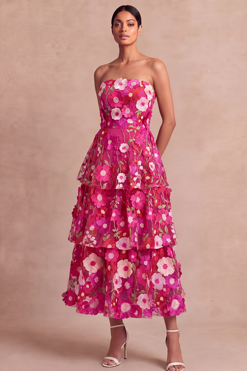 Leely Women Fuchsia Floral Appliqued Maxi Fall Wedding Guest Dress A Line Tiered Strapless Garden Party Dress