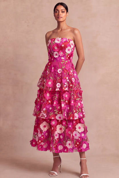 Leely Women Fuchsia Floral Appliqued Maxi Fall Wedding Guest Dress A Line Tiered Strapless Garden Party Dress