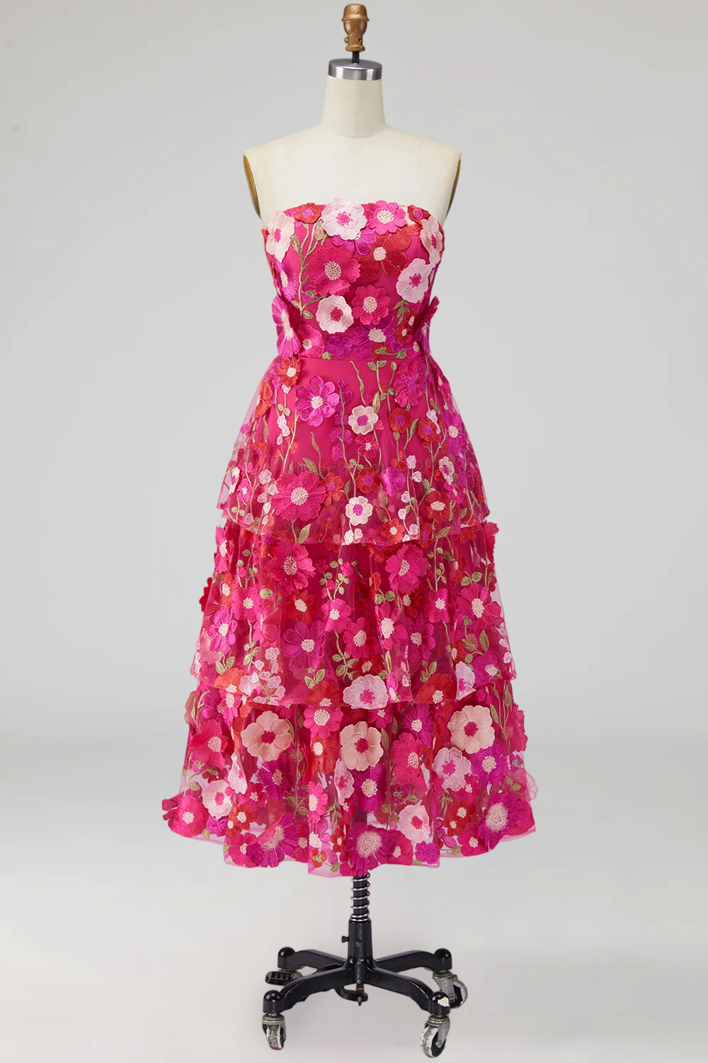 Fuchsia Floral Appliqued A Line Tiered Maxi Wedding Guest Dress