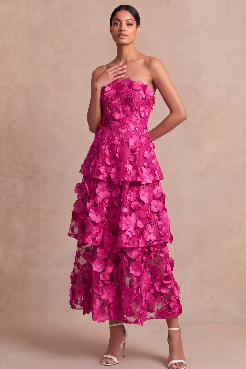 Leely Women Fuchsia Floral Appliqued Maxi Wedding Guest Dress A Line Tiered Strapless Garden Party Dress