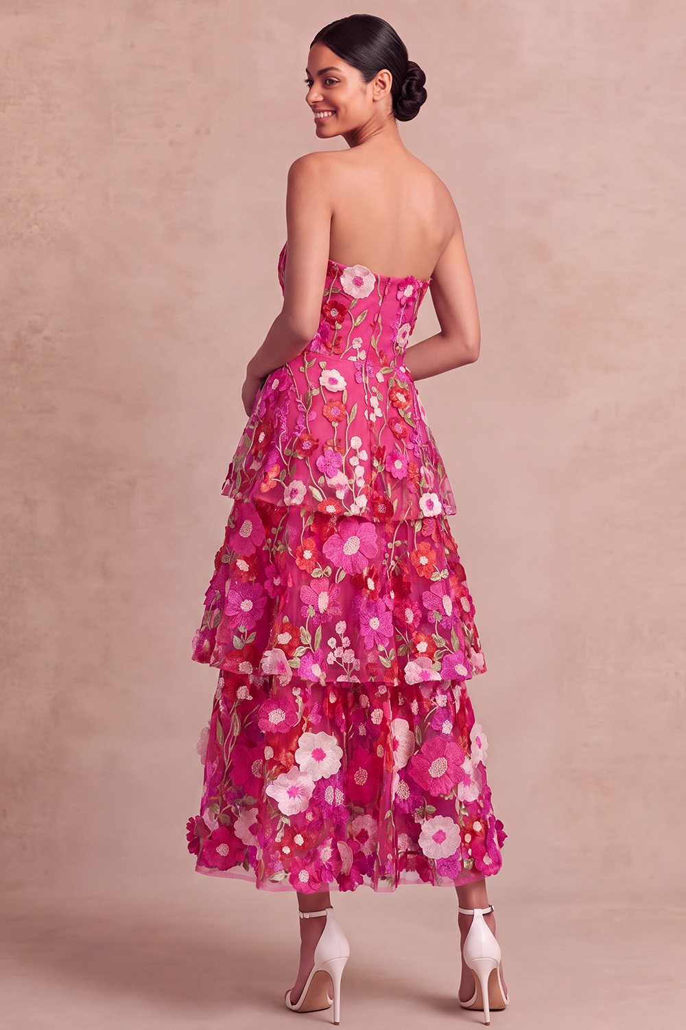 Leely Women Fuchsia Floral Appliqued Maxi Fall Wedding Guest Dress A Line Tiered Strapless Garden Party Dress