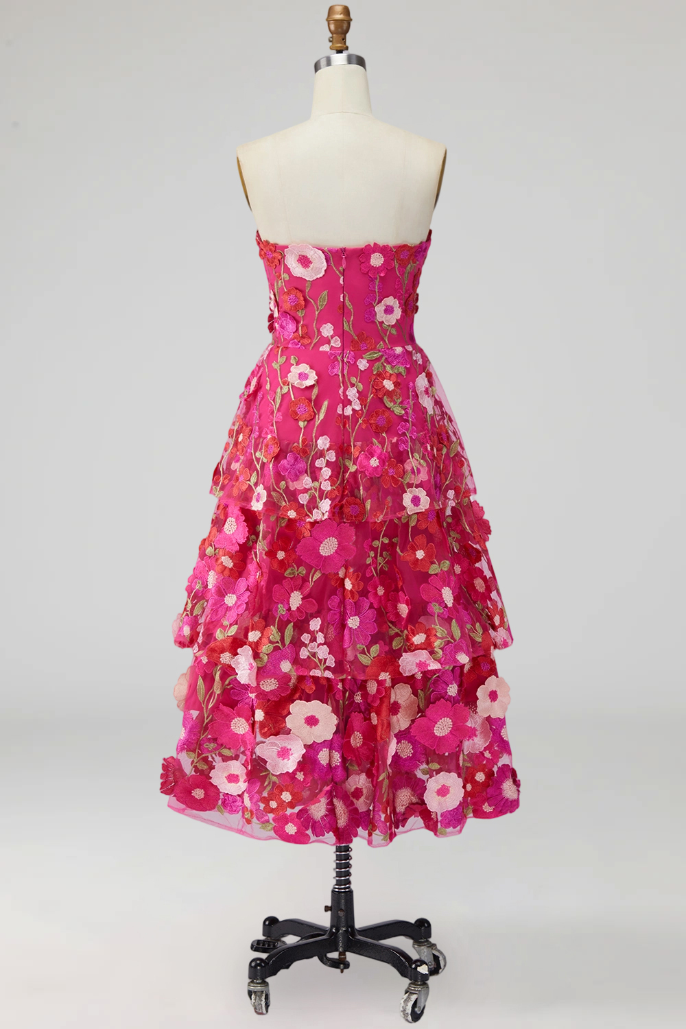 Fuchsia Floral Appliqued A Line Tiered Maxi Wedding Guest Dress