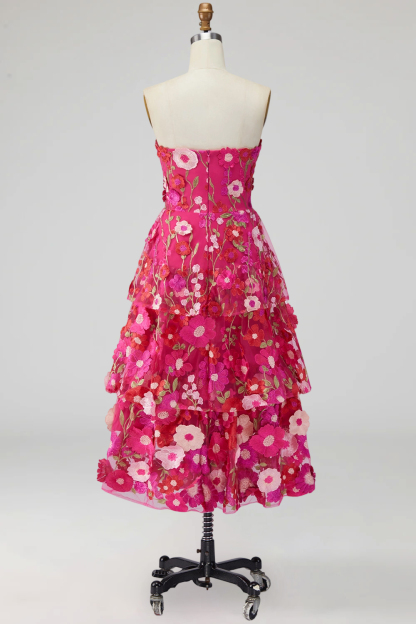 Fuchsia Floral Appliqued A Line Tiered Maxi Wedding Guest Dress