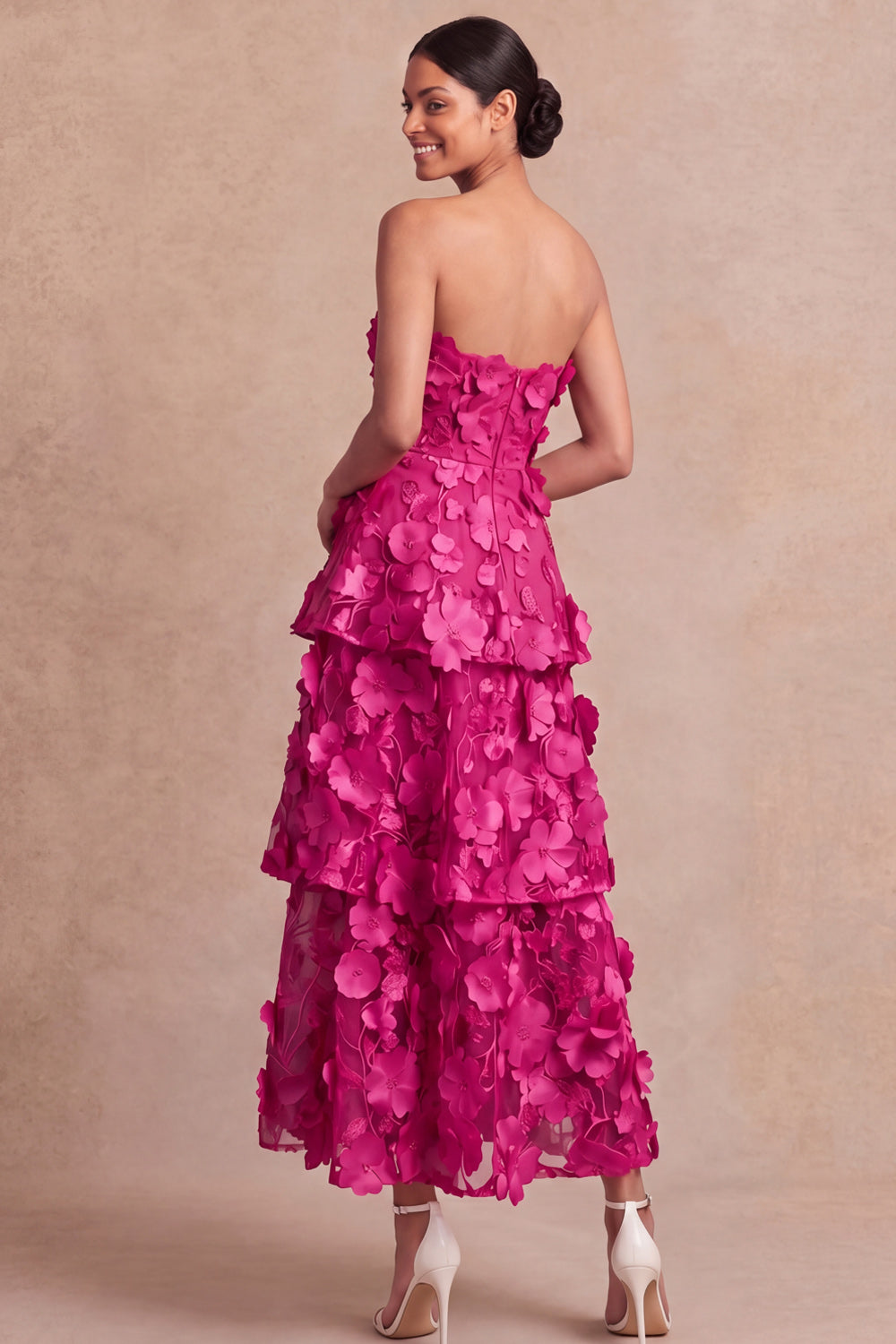 Fuchsia Floral Appliqued A Line Tiered Maxi Wedding Guest Dress