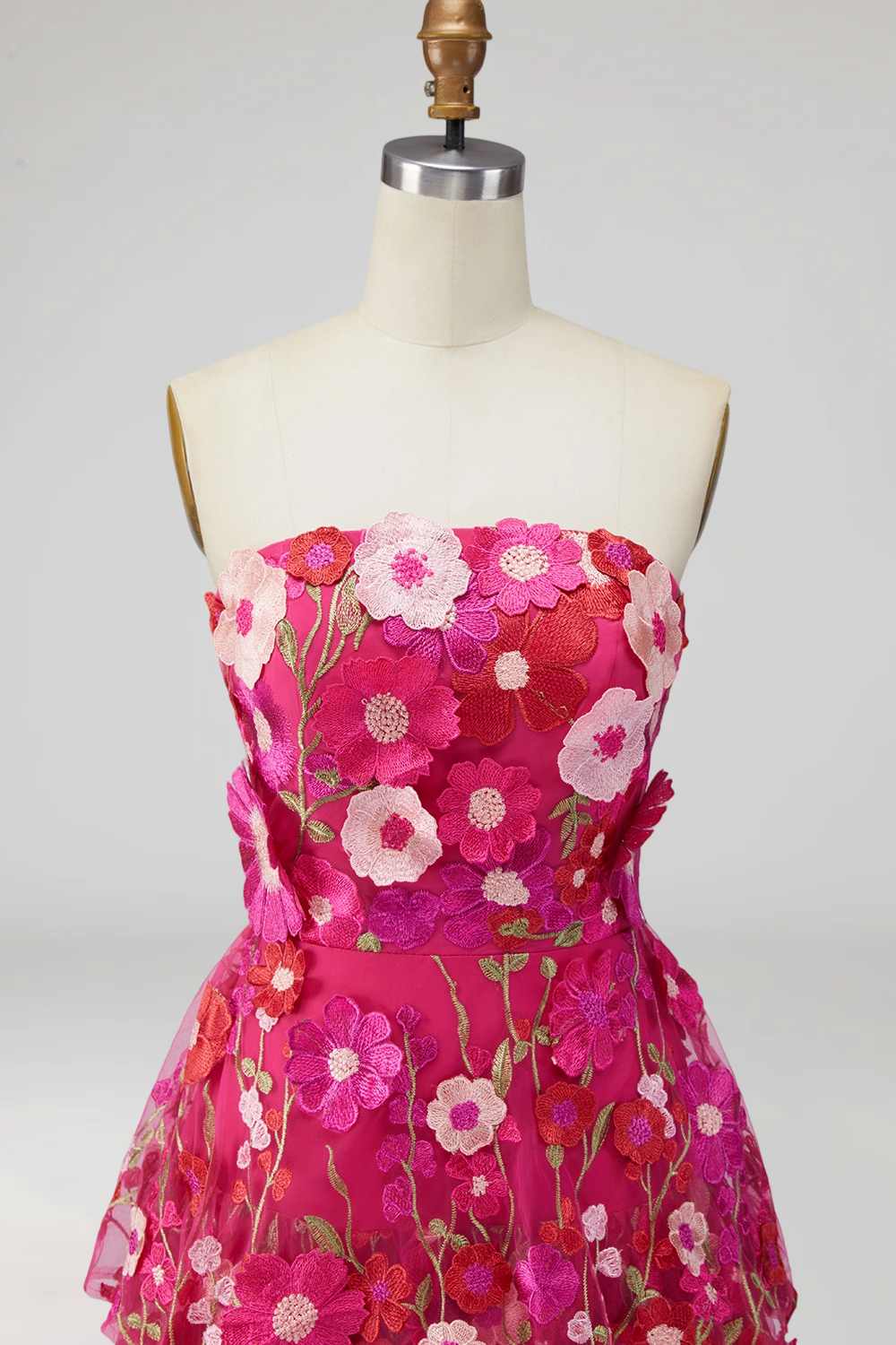 Fuchsia Floral Appliqued A Line Tiered Maxi Wedding Guest Dress