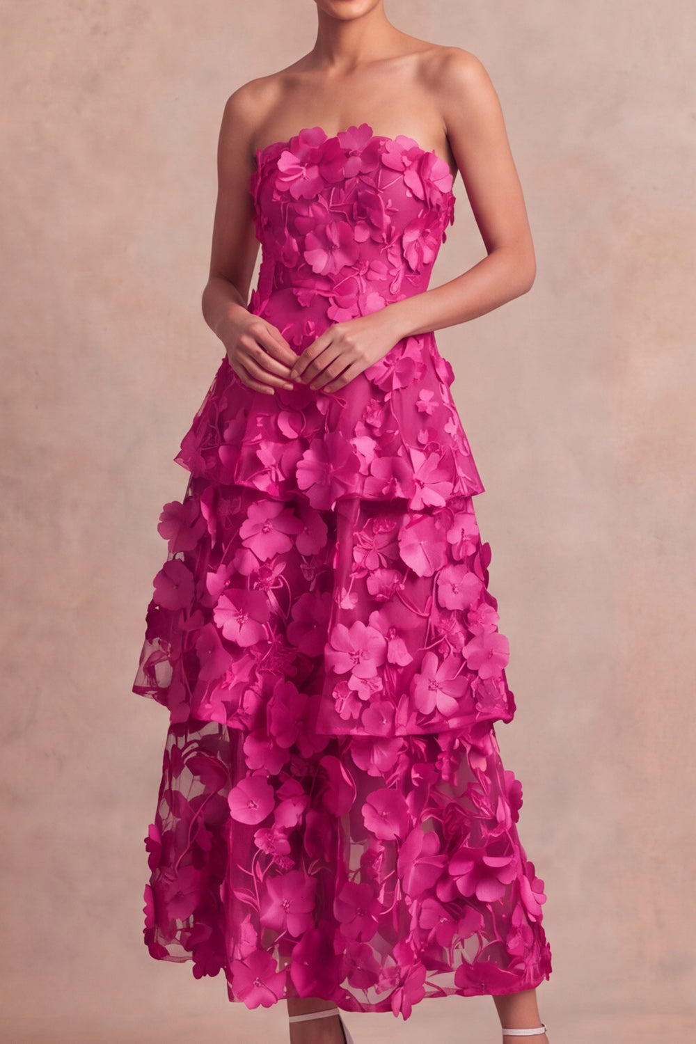 Fuchsia Floral Appliqued A Line Tiered Maxi Wedding Guest Dress