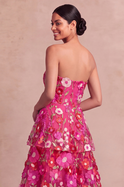 Fuchsia Floral Appliqued A Line Tiered Maxi Wedding Guest Dress