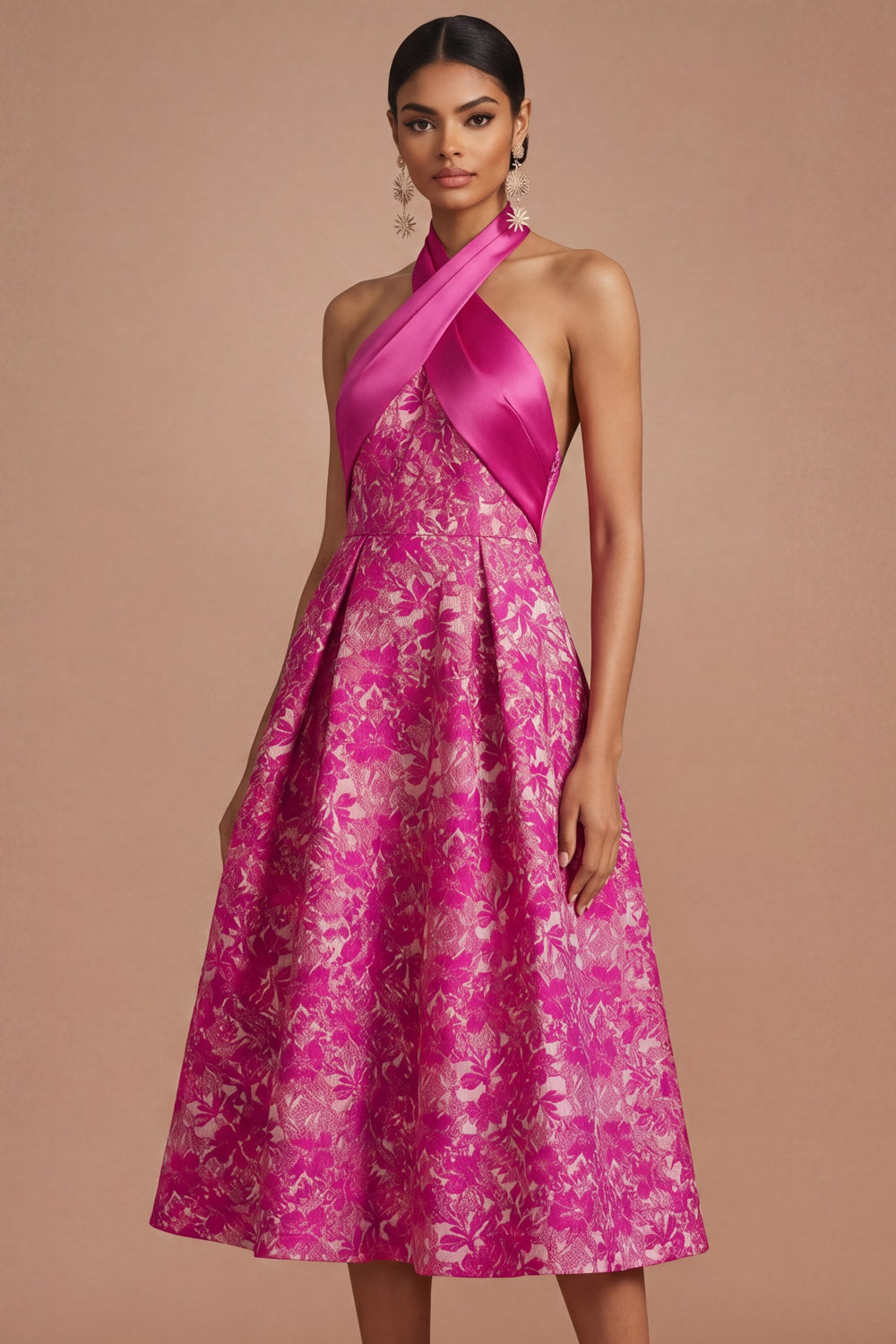 Fuchsia Floral Jacquard Halter A Line Midi Wedding Guest Dress