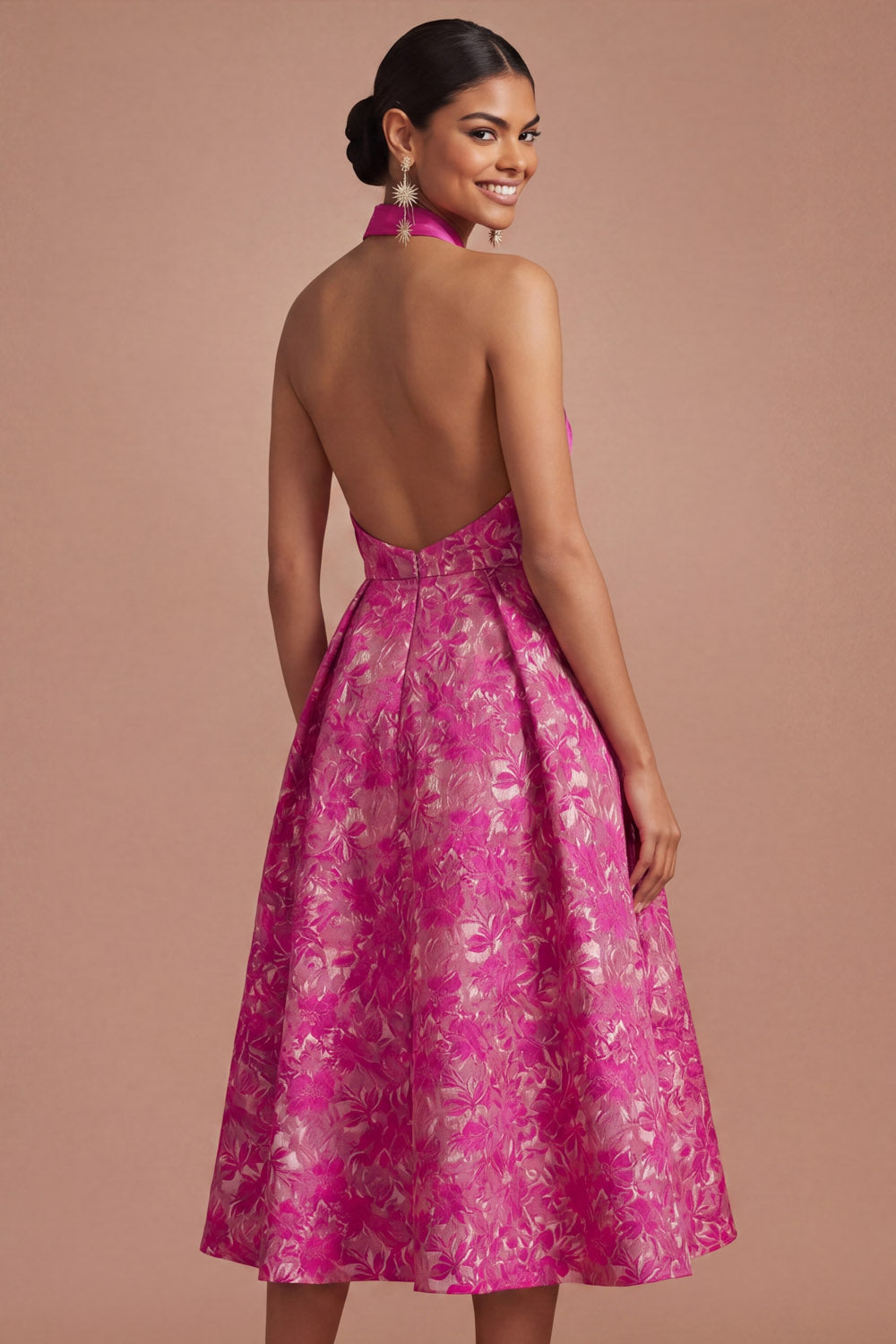 Fuchsia Floral Jacquard Halter A Line Midi Wedding Guest Dress