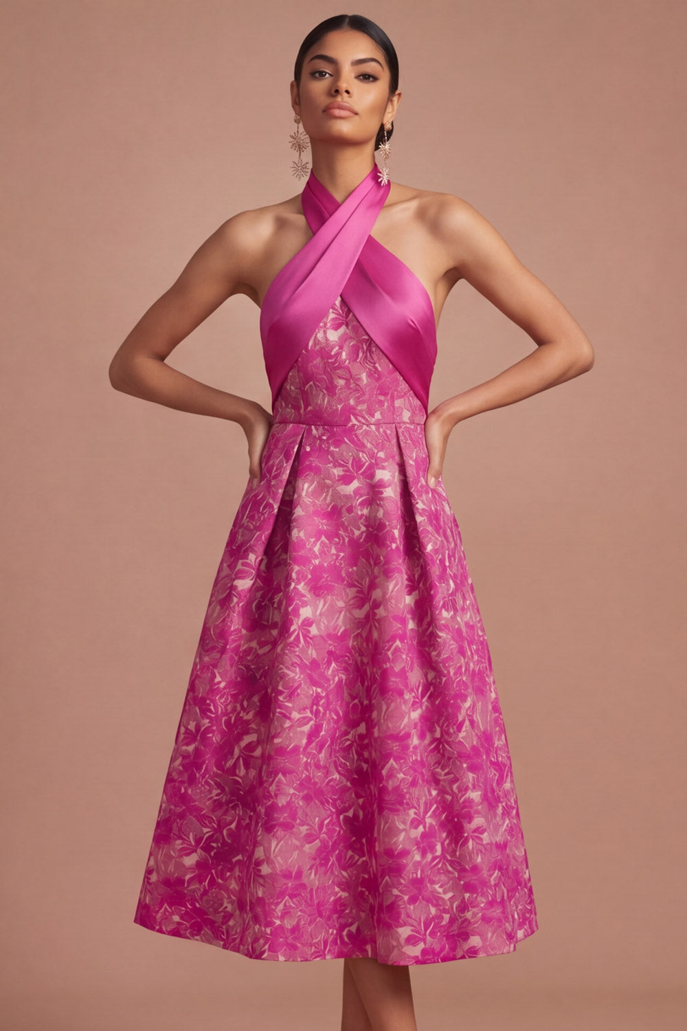 Fuchsia Floral Jacquard Halter A Line Midi Wedding Guest Dress