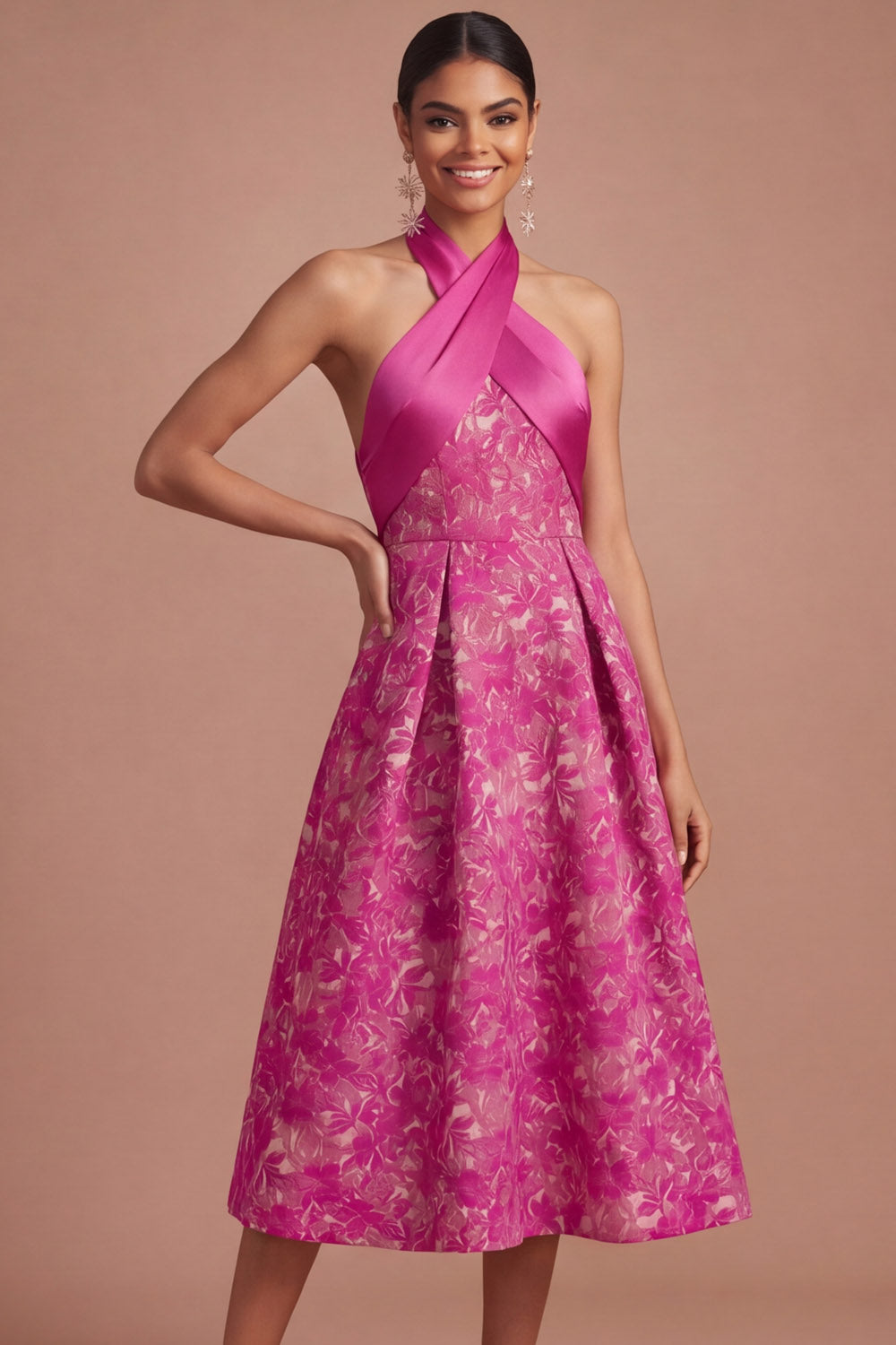 Fuchsia Floral Jacquard Halter A Line Midi Wedding Guest Dress