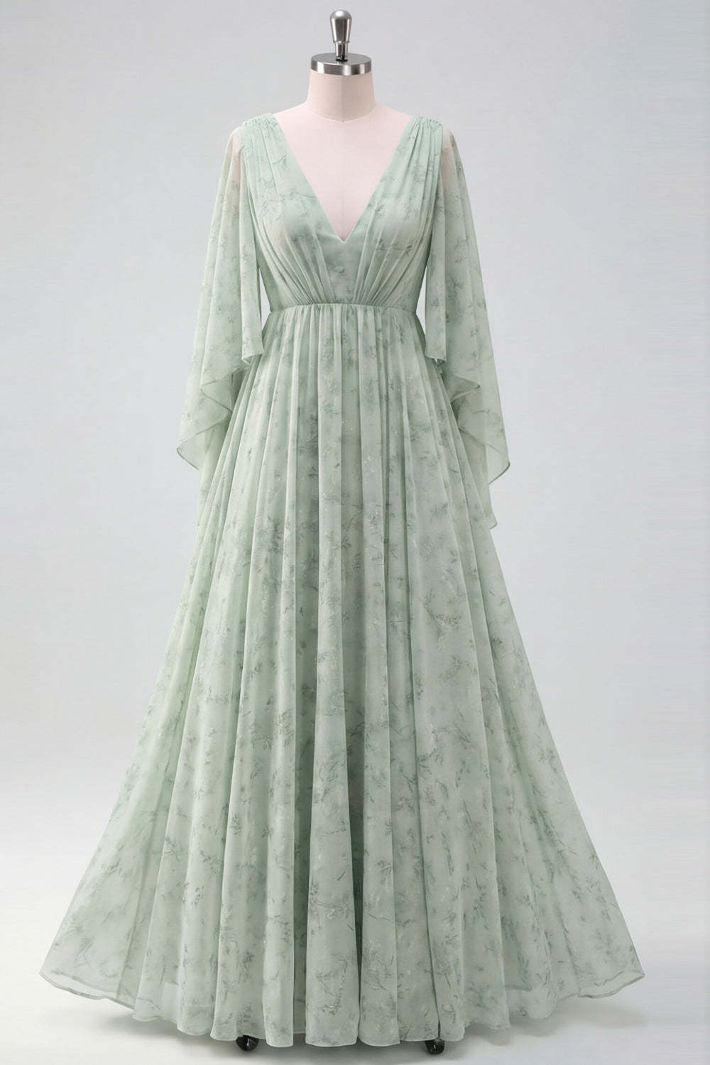 Light Green Floral A Line Maxi Wedding Guest Dress with Sleeves