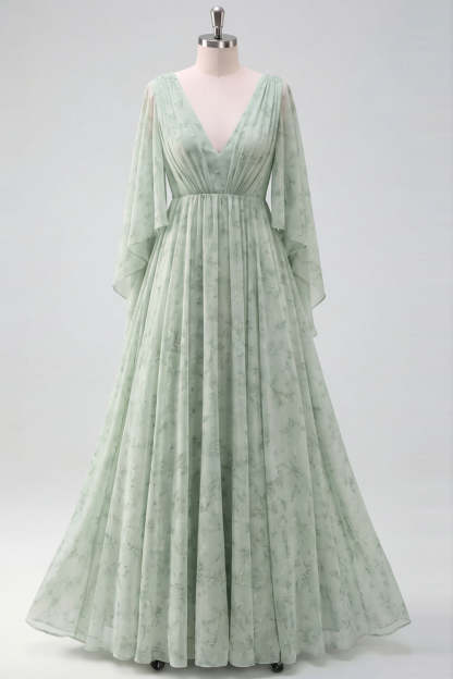 Light Green Floral A Line Maxi Wedding Guest Dress with Sleeves
