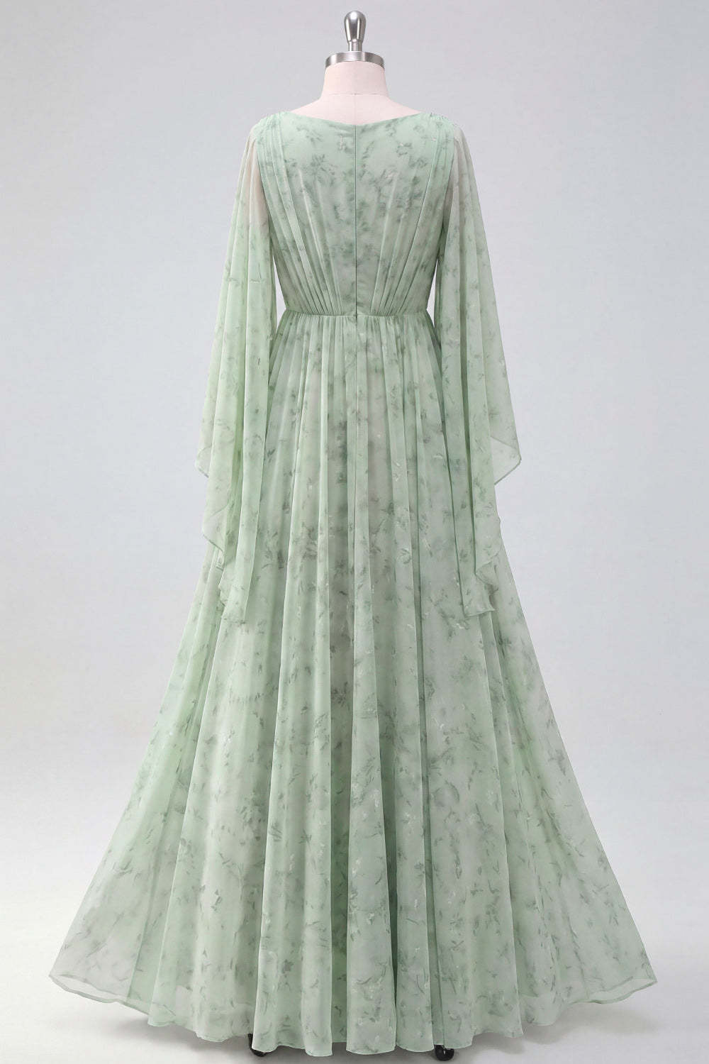 Light Green Floral A Line Maxi Wedding Guest Dress with Sleeves