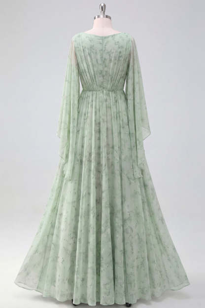 Light Green Floral A Line Maxi Wedding Guest Dress with Sleeves