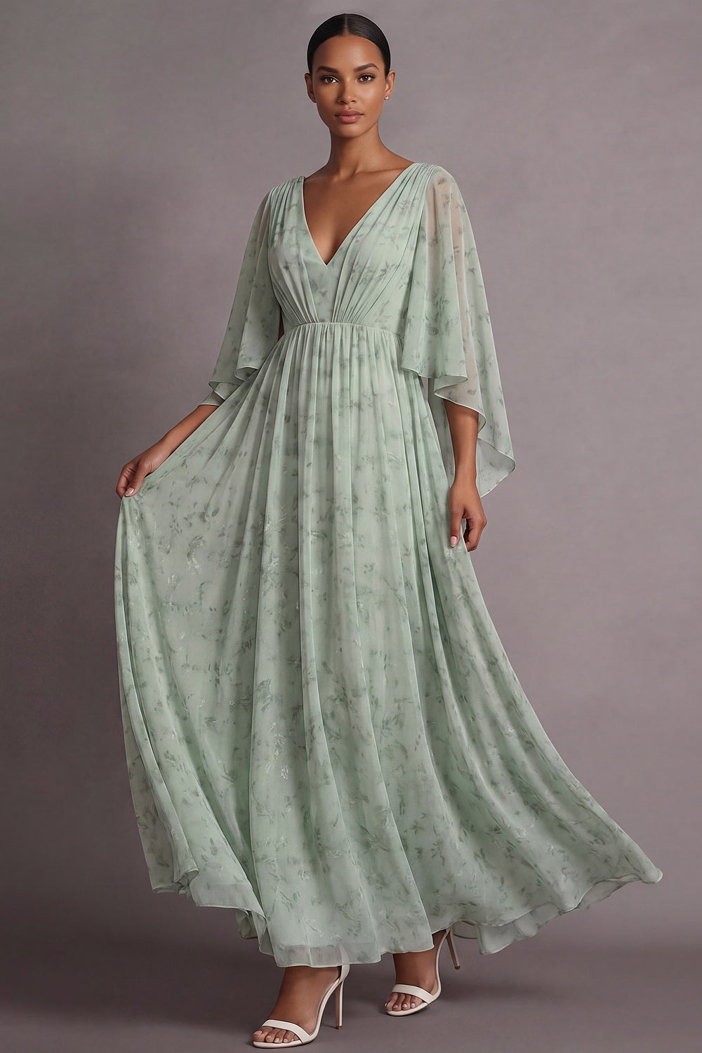 Leely Women Light Green Floral Maxi Wedding Guest Dress with Sleeves A Line V-Neck Bridesmaid Dress
