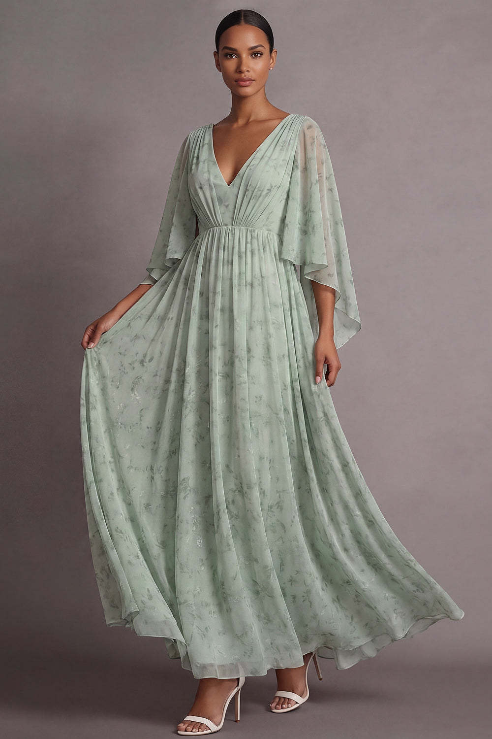 Leely Women Light Green Floral Maxi Wedding Guest Dress with Sleeves A Line V-Neck Bridesmaid Dress
