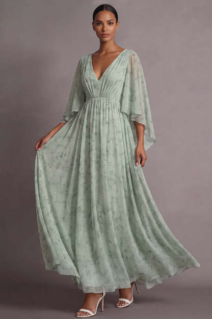 Leely Women Light Green Floral Maxi Wedding Guest Dress with Sleeves A Line V-Neck Bridesmaid Dress