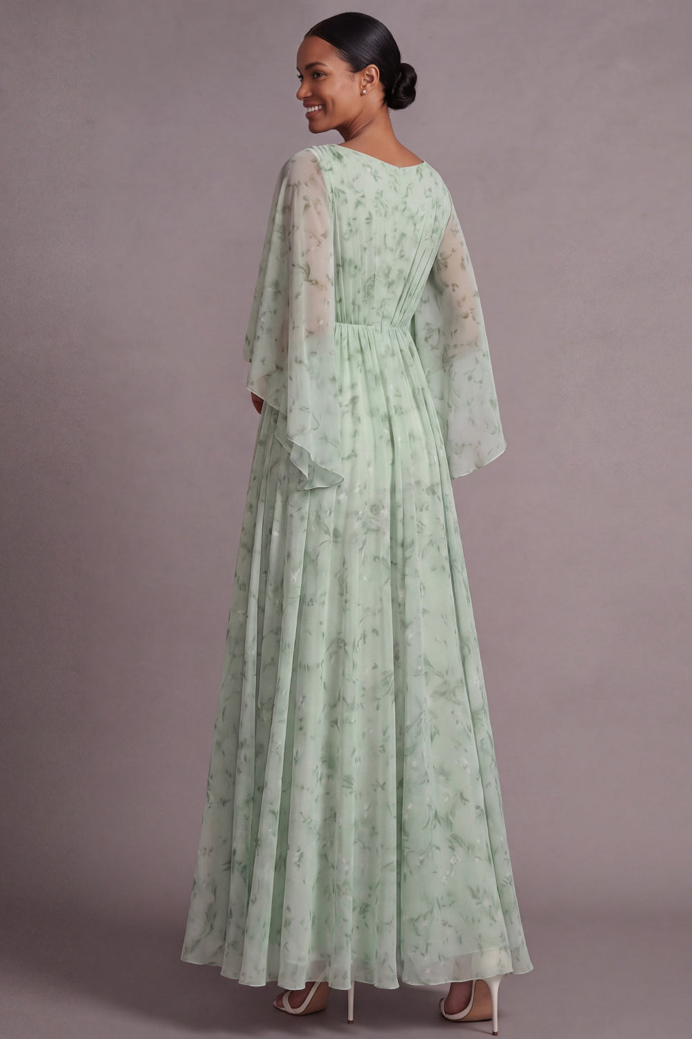 Light Green Floral A Line Maxi Wedding Guest Dress with Sleeves