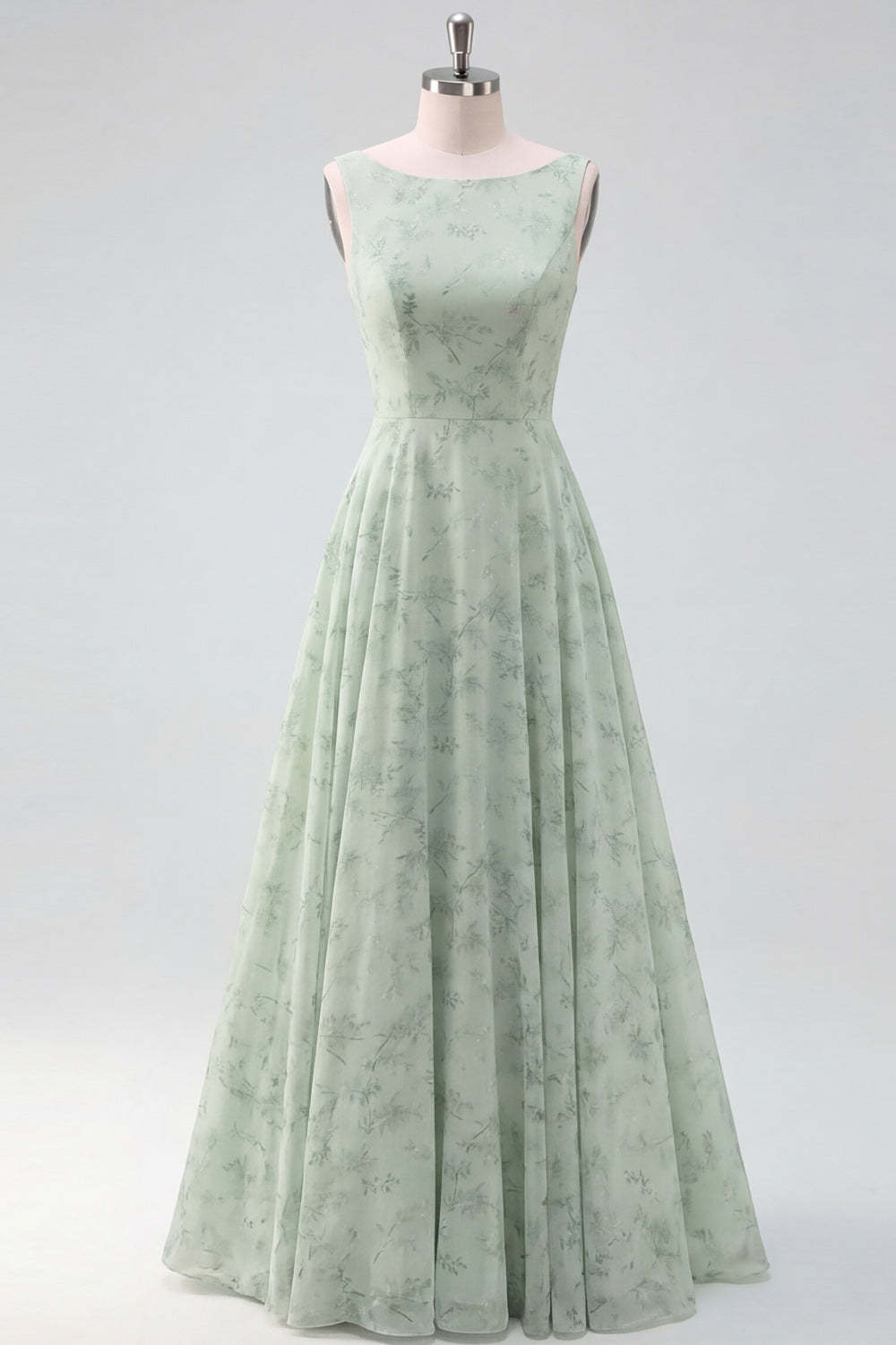 A Line Floral Round Neck Light Green Long Wedding Guest Dress
