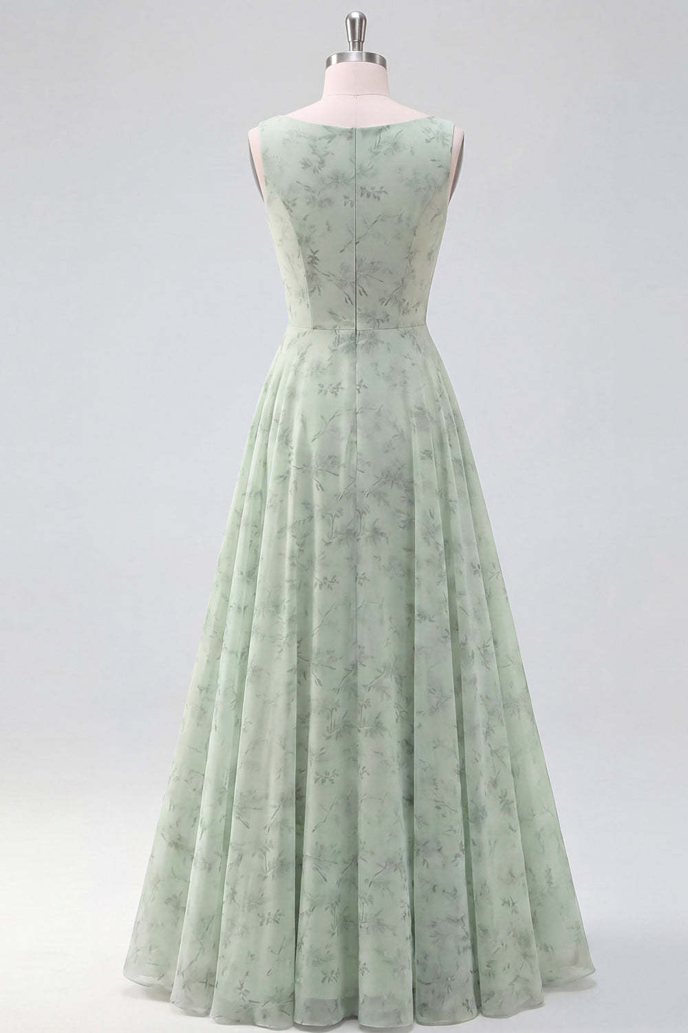 A Line Floral Round Neck Light Green Long Wedding Guest Dress