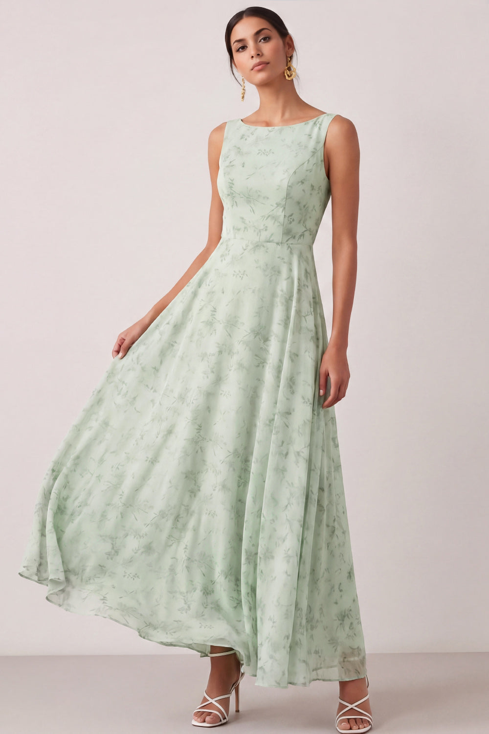 A Line Floral Round Neck Light Green Long Wedding Guest Dress