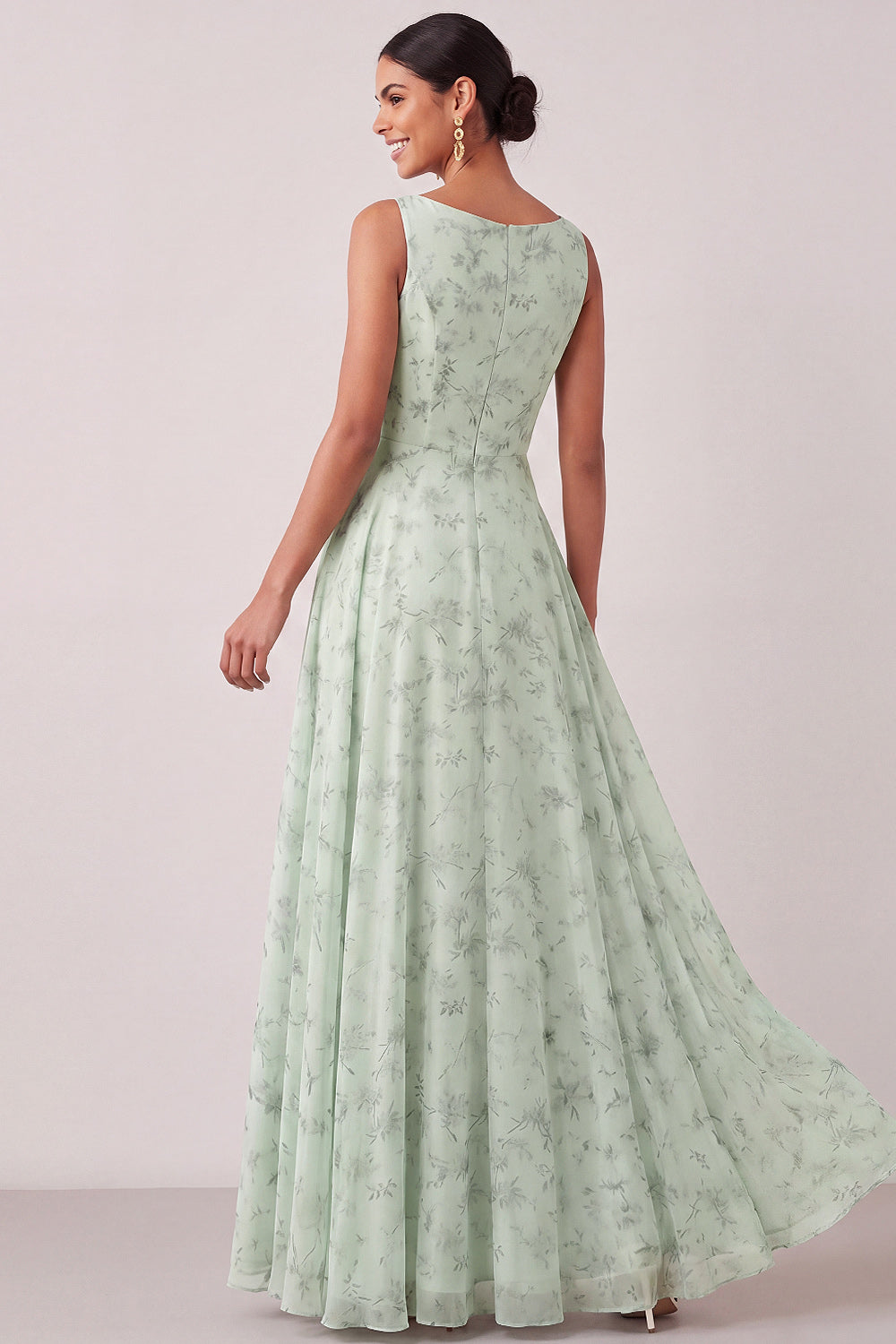 A Line Floral Round Neck Light Green Long Wedding Guest Dress