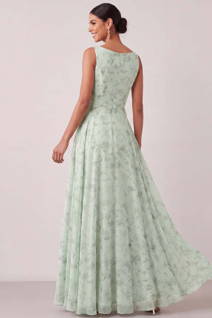 A Line Floral Round Neck Light Green Long Wedding Guest Dress