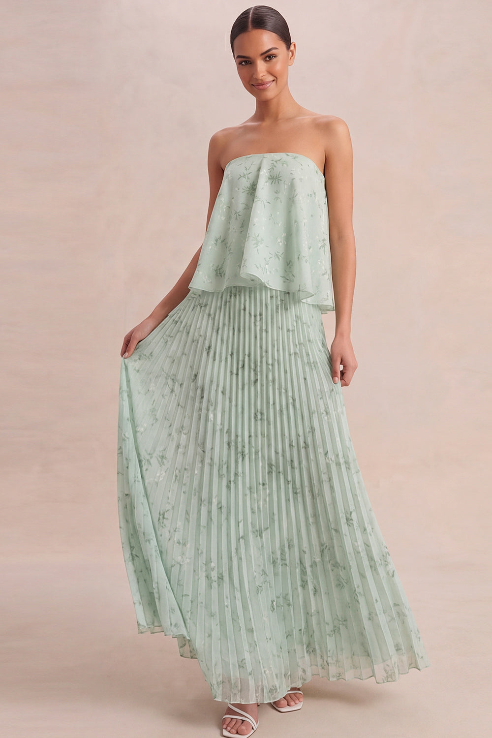 A Line Floral Pleated Light Green Long Wedding Guest Dress