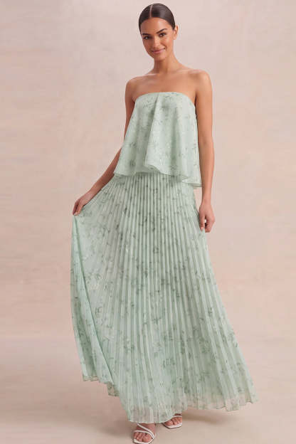 Leely Women A Line Floral Pleated Light Green Long Wedding Guest Dress Strapless Backless Sleeveless Formal Dress