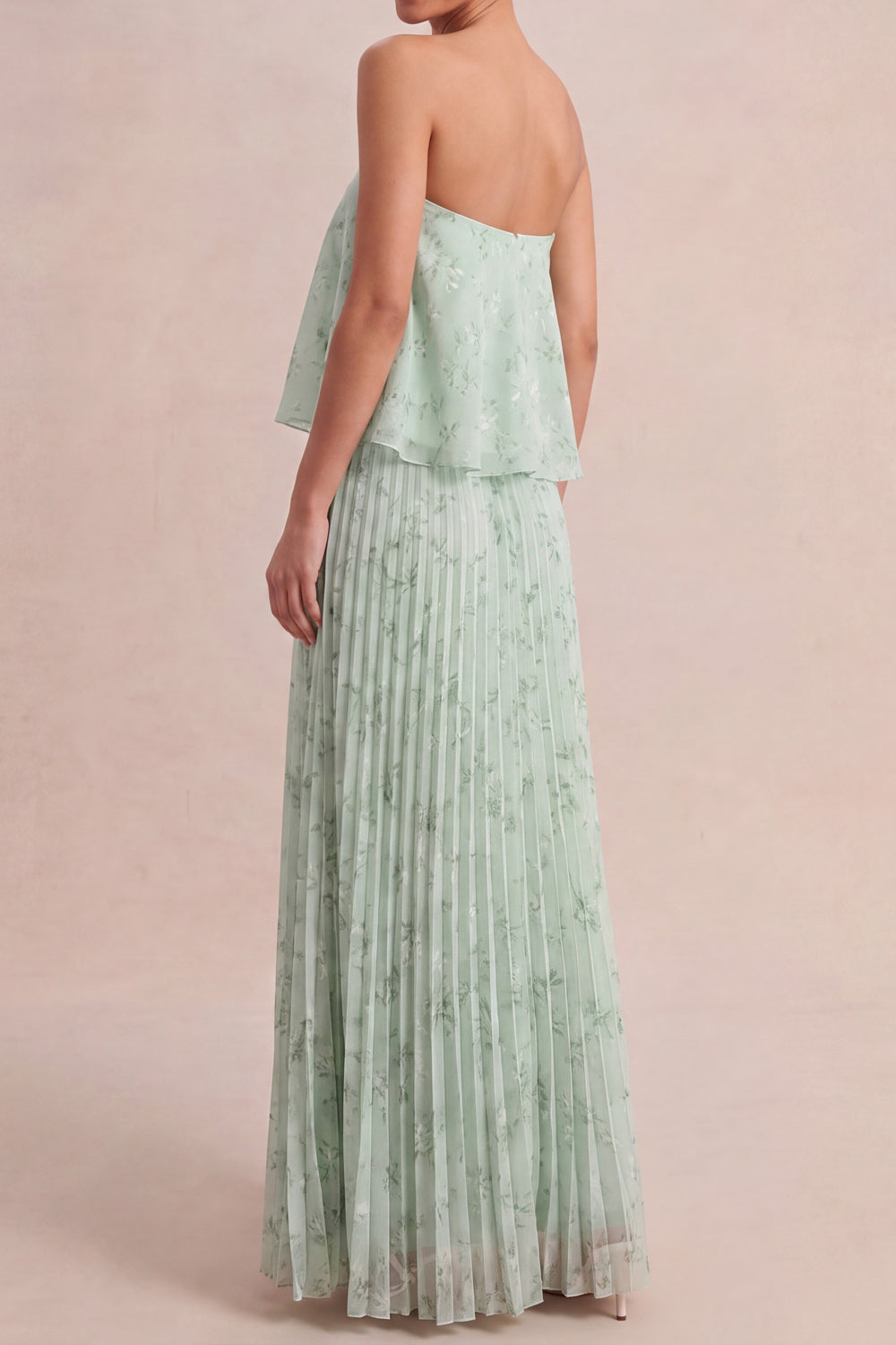 A Line Floral Pleated Light Green Long Wedding Guest Dress