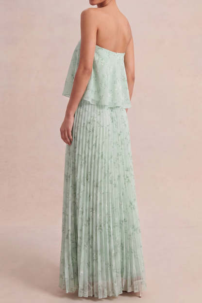 A Line Floral Pleated Light Green Long Wedding Guest Dress