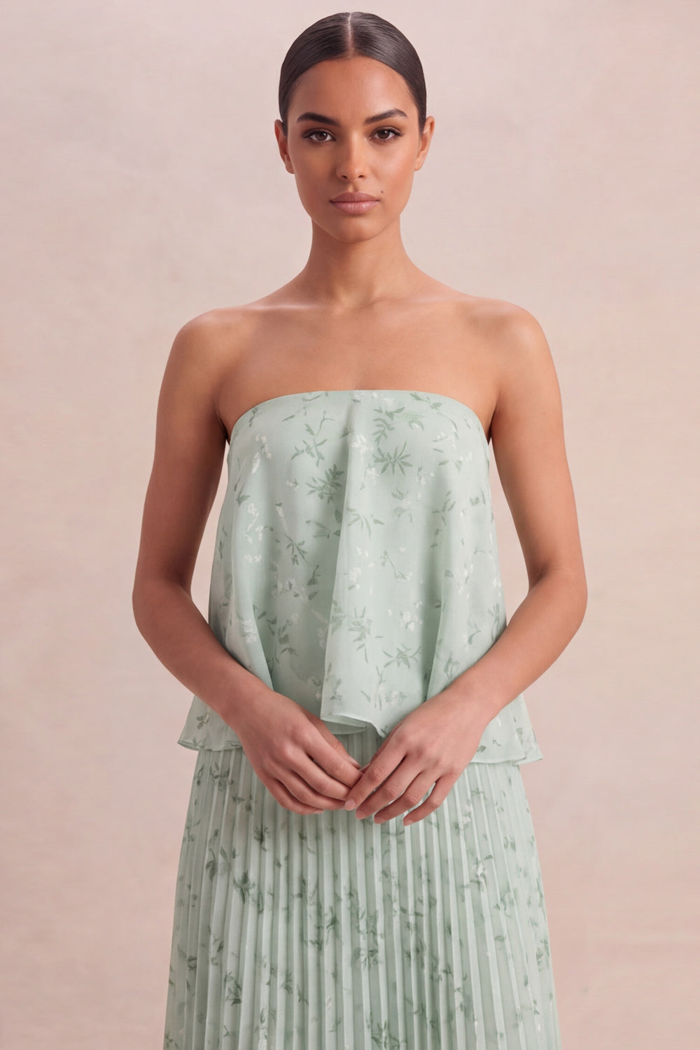 A Line Floral Pleated Light Green Long Wedding Guest Dress