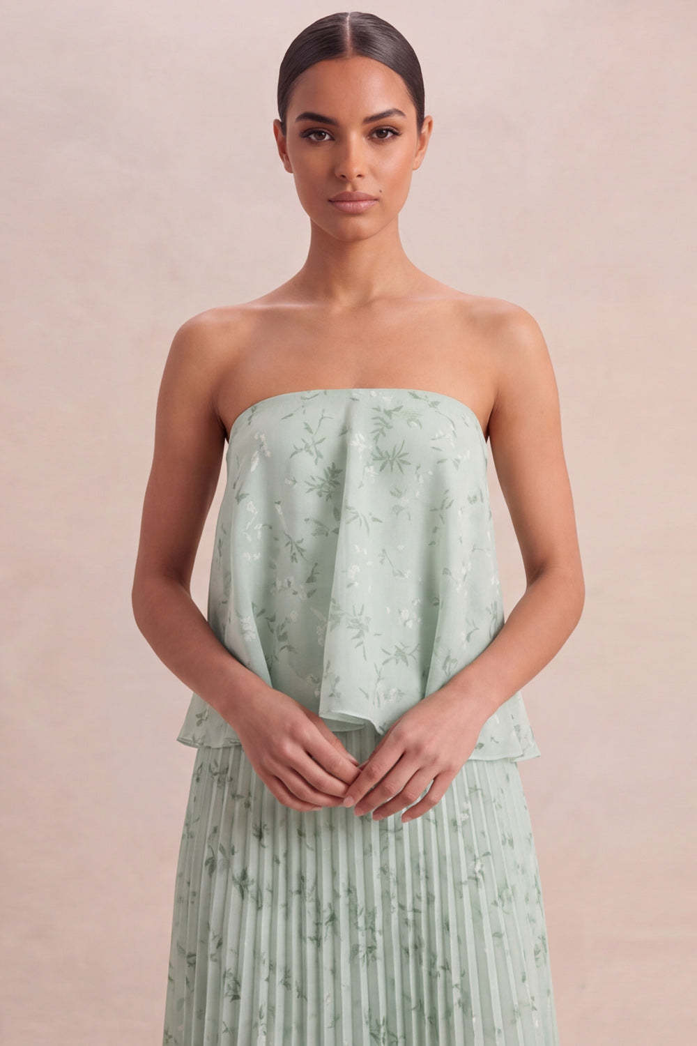 A Line Floral Pleated Light Green Long Wedding Guest Dress