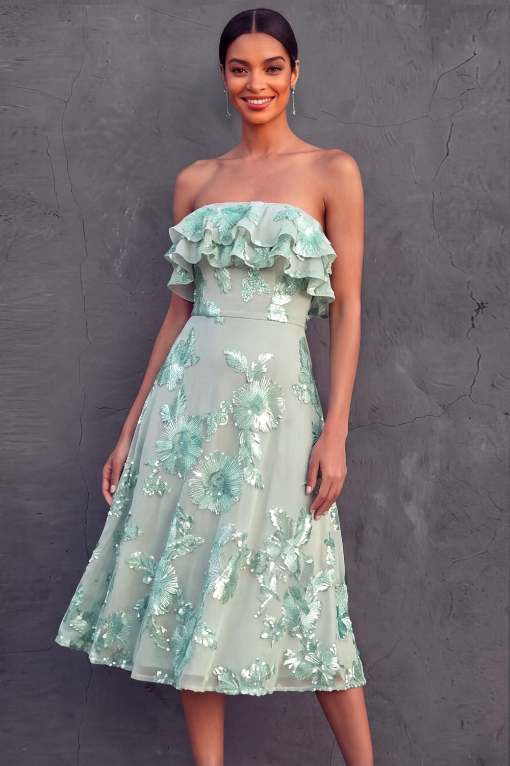 Mint Green Floral Appliqued Midi Wedding Guest Dress