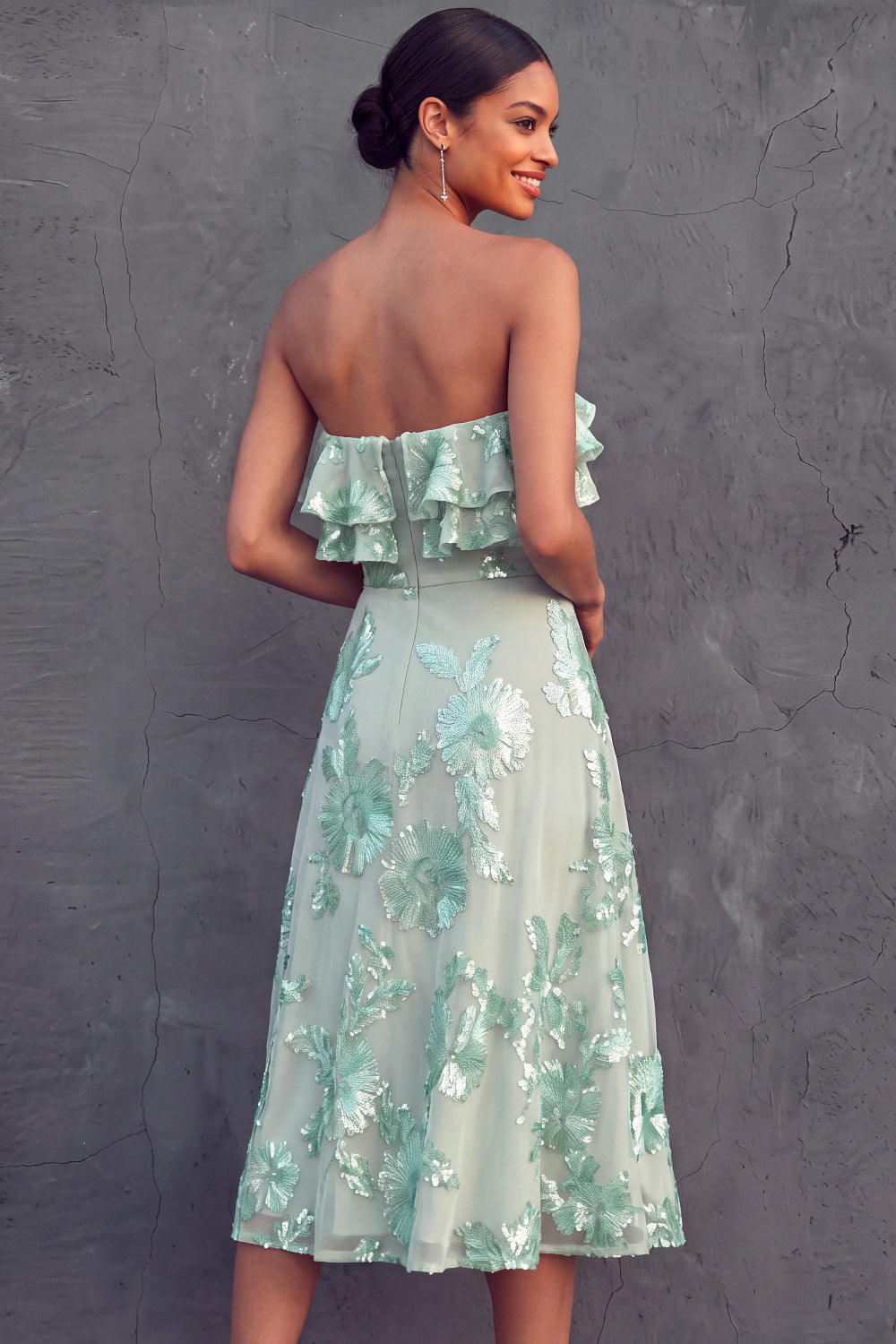 Mint Green Floral Appliqued Midi Wedding Guest Dress