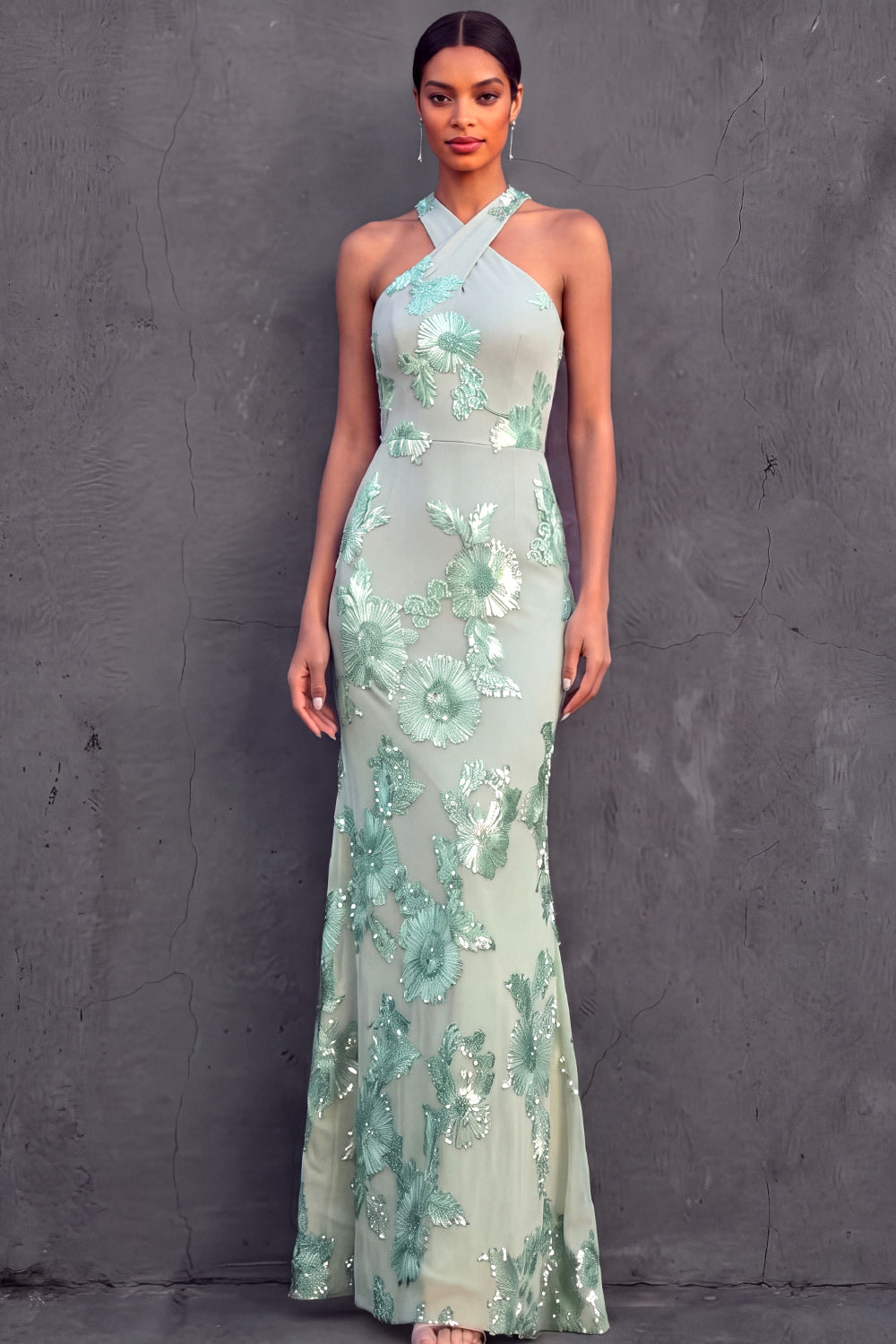Leely Women Mint Green Floral Mermaid Long Wedding Guest Dress Halter Neck Sleeveless Formal Dress
