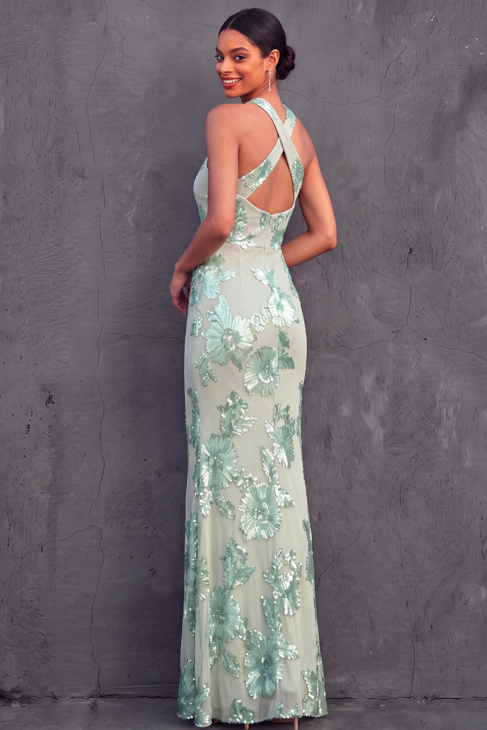 Mint Green Floral Mermaid Long Wedding Guest Dress