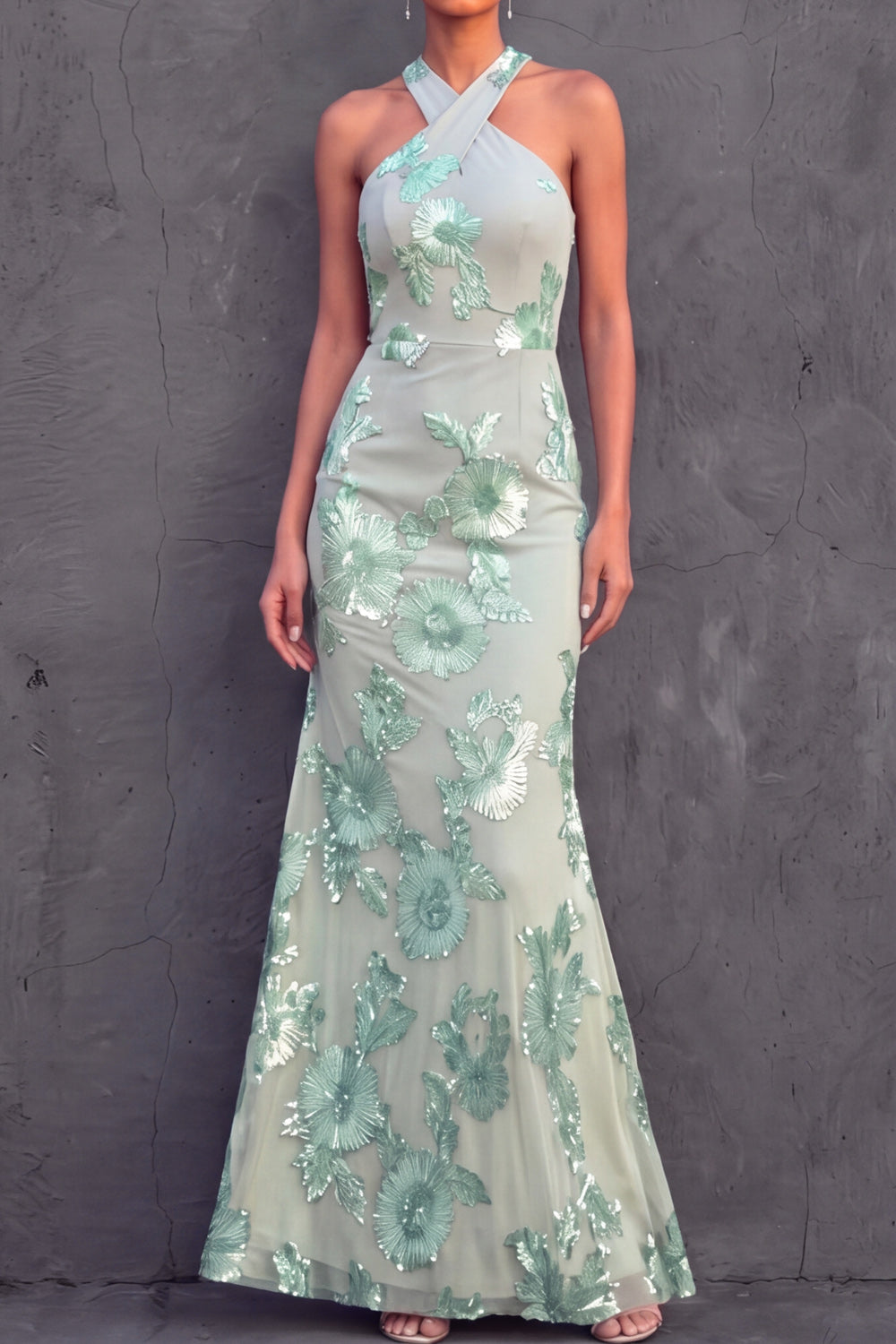 Mint Green Floral Mermaid Long Wedding Guest Dress
