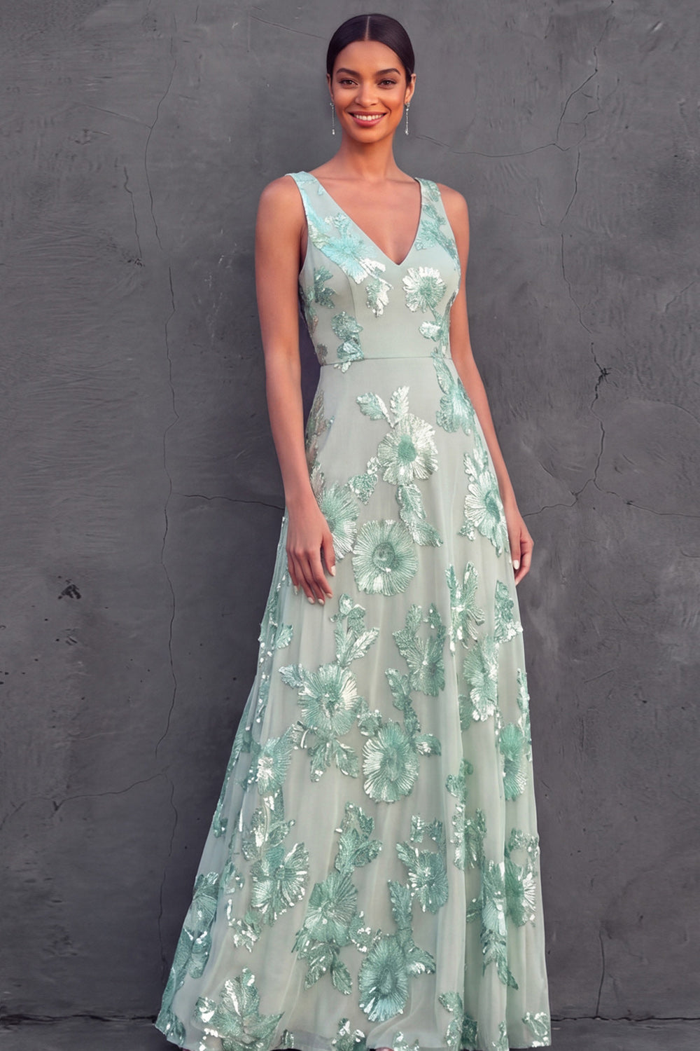 V Neck Mint Green Floral A Line Long Wedding Guest Dress
