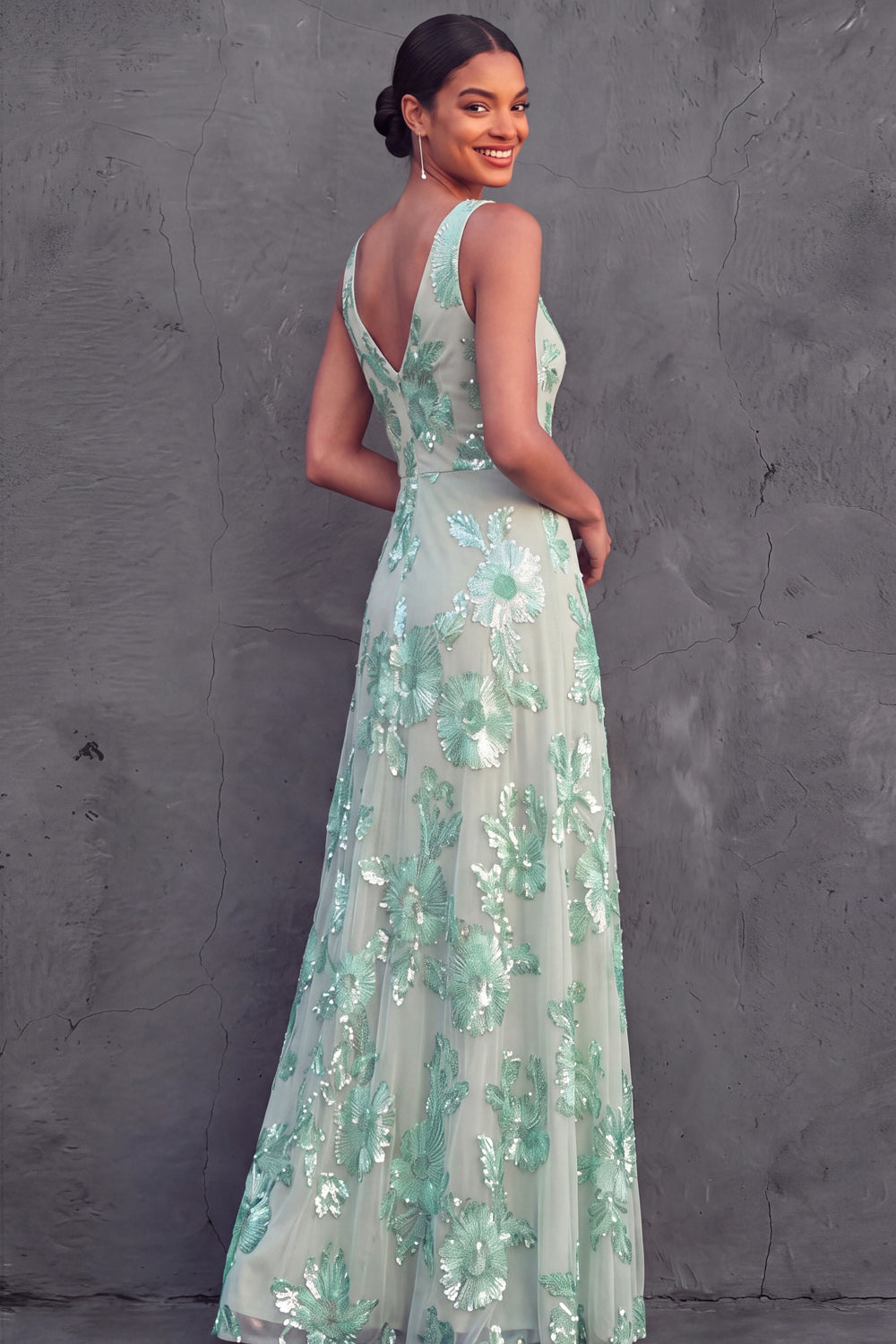 V Neck Mint Green Floral A Line Long Wedding Guest Dress