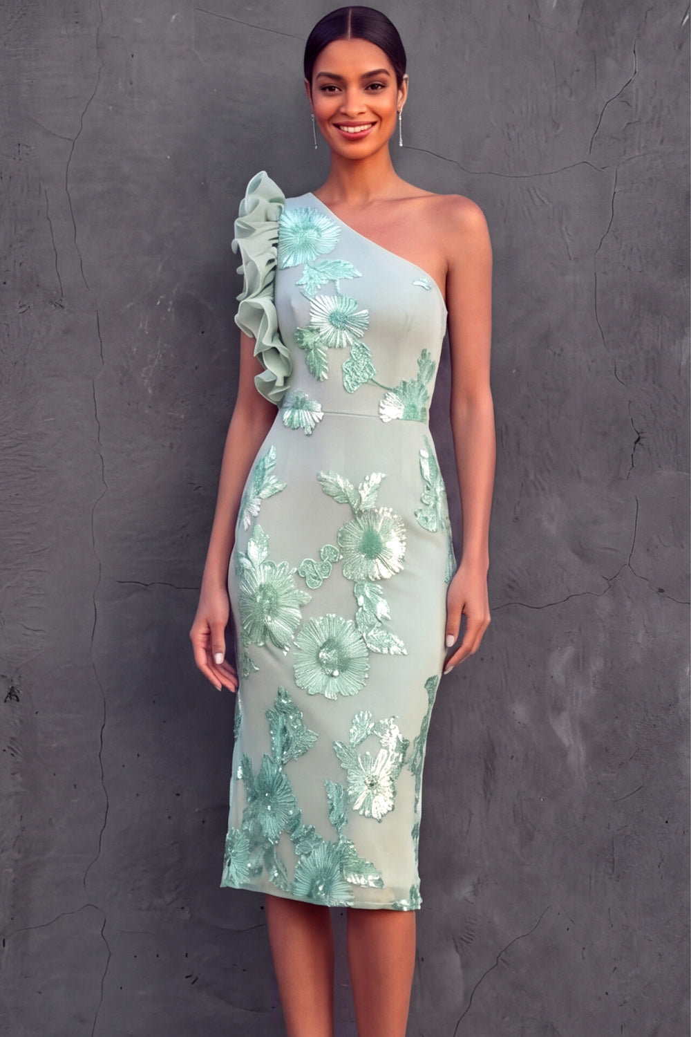 Mint Green Floral Sheath Midi Wedding Guest Dress with Ruffles