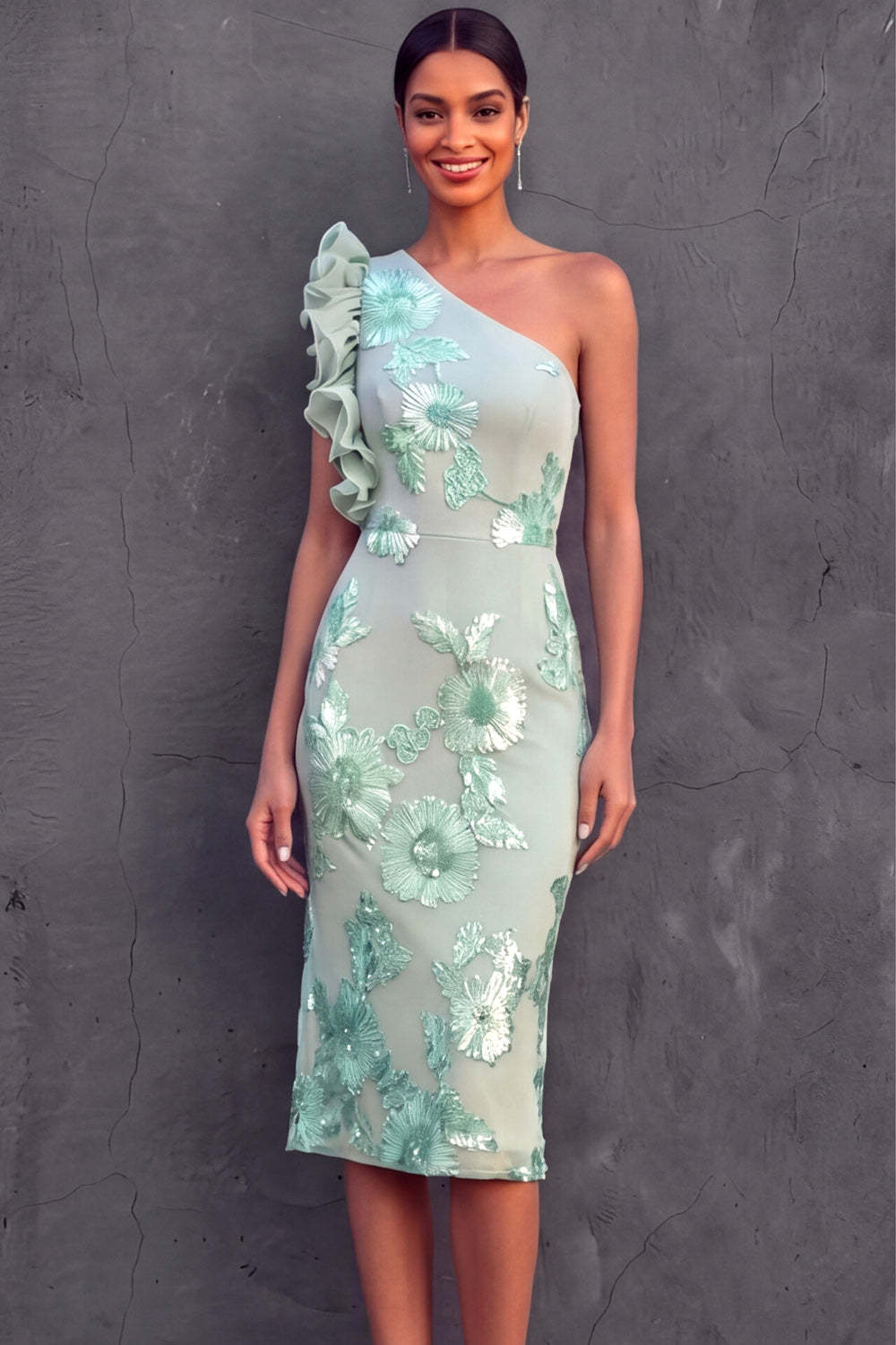 Leely Women Stunning Floral Mint Green Midi Sheath Wedding Guest Dress with Ruffles One Shoulder Cocktail Party Dress