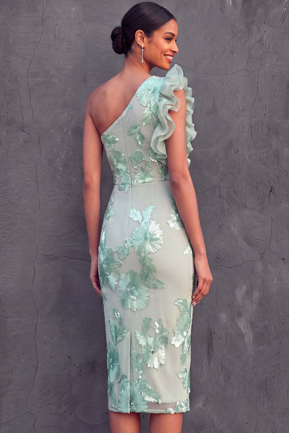 Mint Green Floral Sheath Midi Wedding Guest Dress with Ruffles