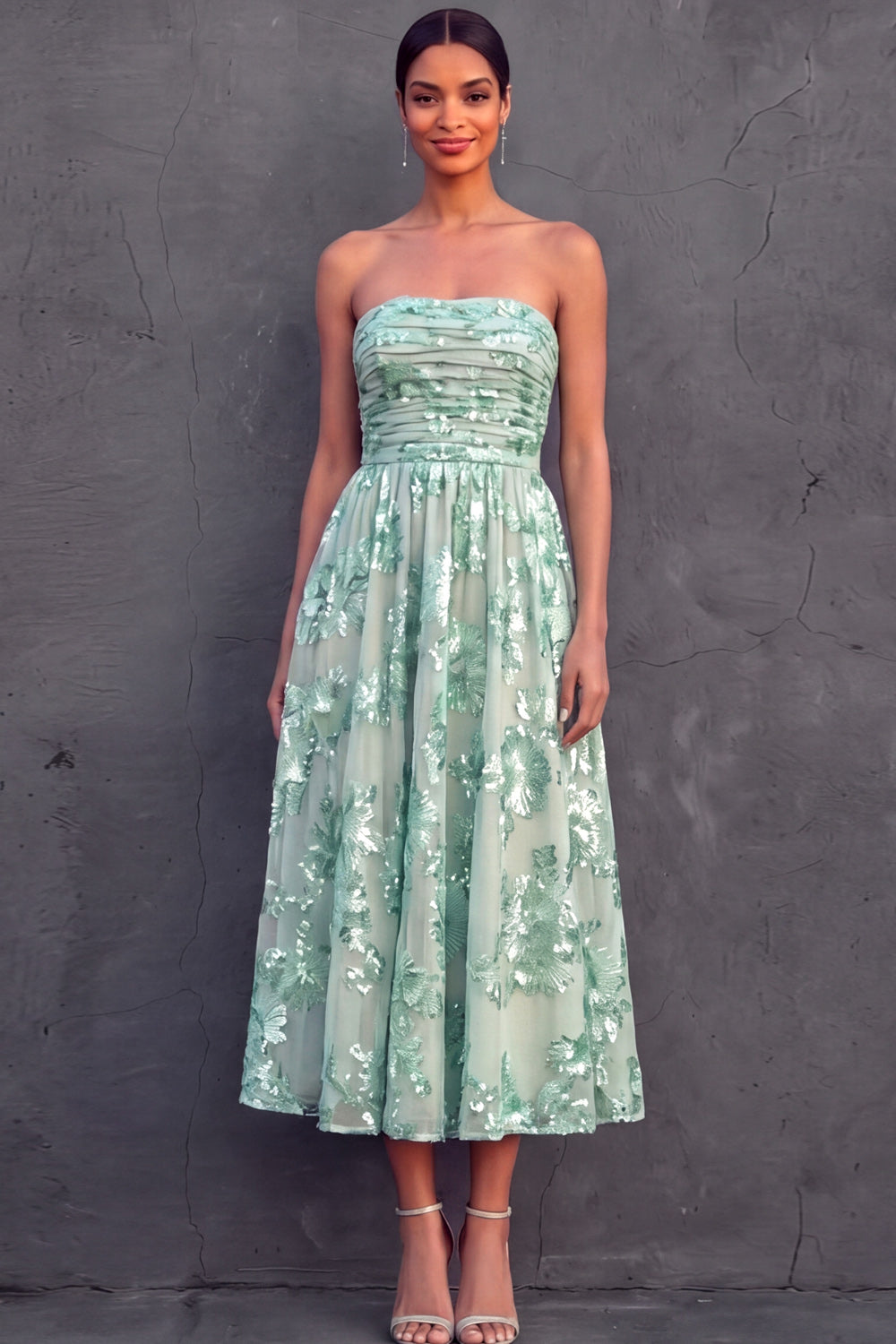 Leely Women Mint Green A Line Midi Wedding Guest Dress Strapless Ruched Embroidered Bridesmaid Dress